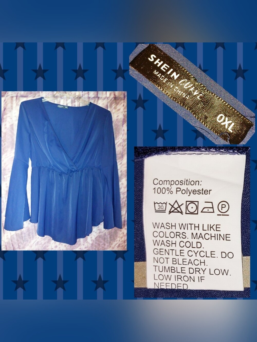 Shein Curve brand Navy Blue Soft Woven Blouse w/Bell Sleeves Sz 0XL(12/14/16)